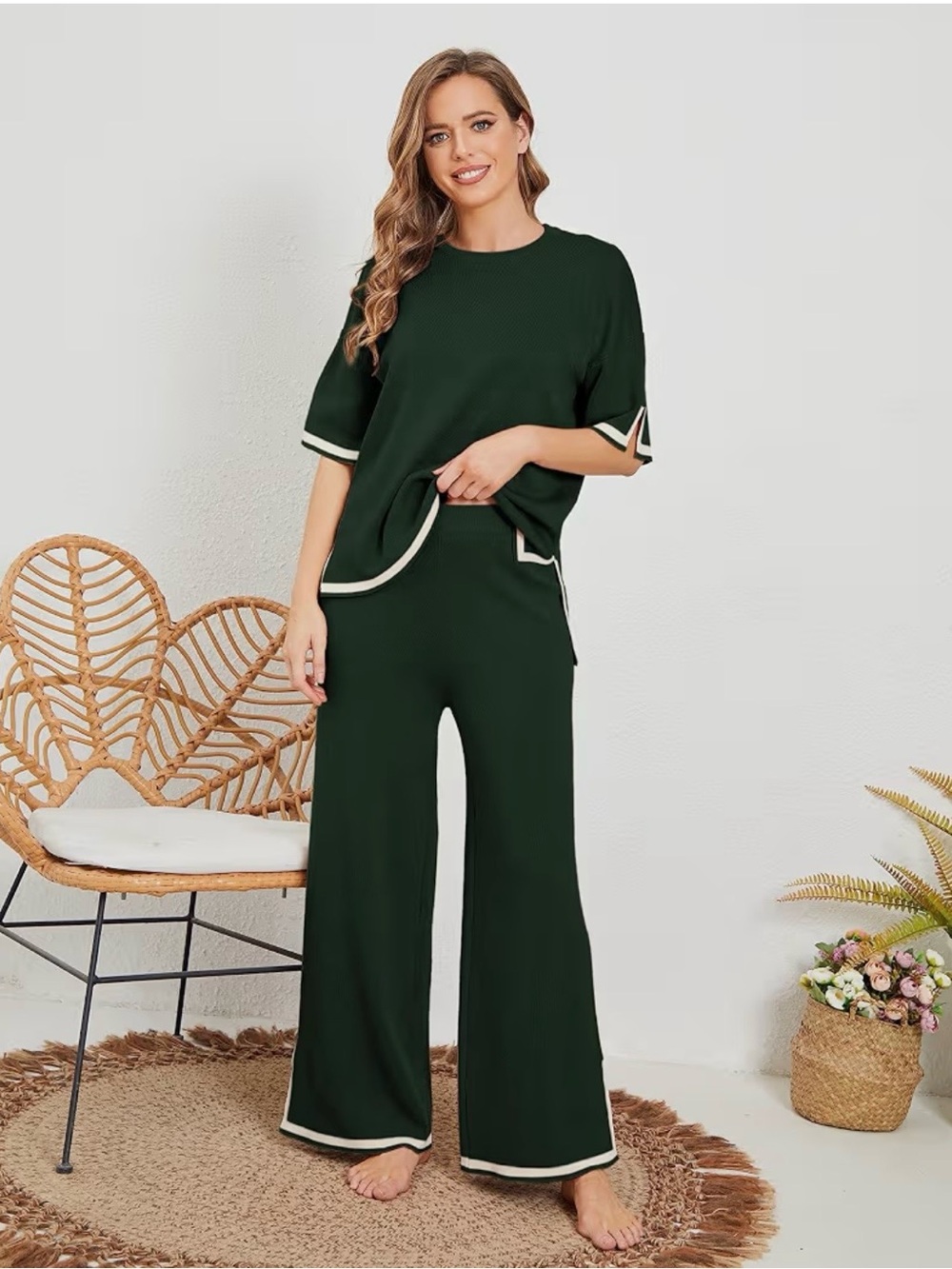 Dark Green Two-Piece Wide-Leg Lounge Set with Contrast Trim - S